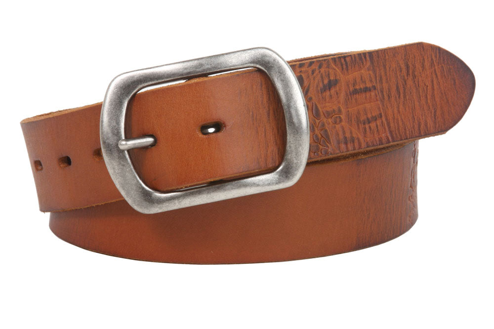 Snap On 1 1/2" Oval Soft Hand Vintage Cowhide Full Grain Embossed Leather Casual Belt - OnlineBelts