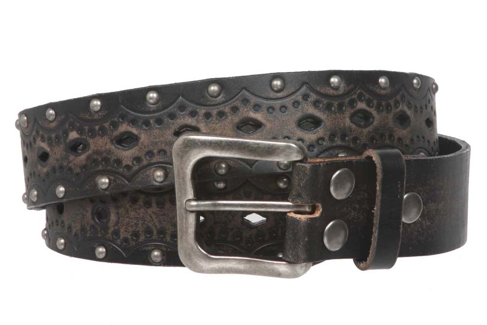 1 1/2" Snap on Perforated Studded Vintage Embossed Solid Leather Jean Belt - OnlineBelts