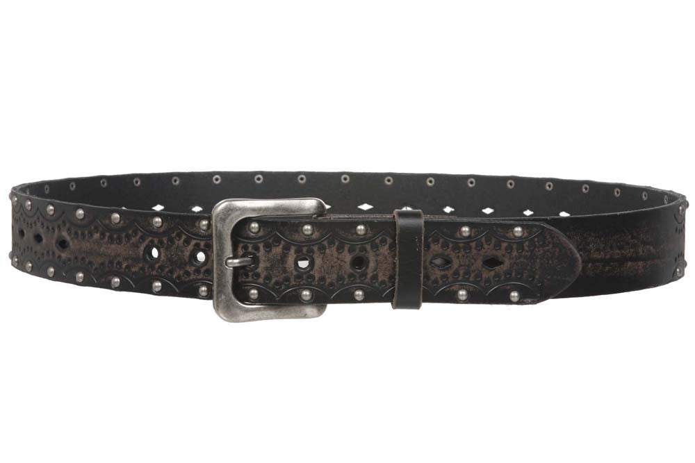 1 1/2" Snap on Perforated Studded Vintage Embossed Solid Leather Jean Belt - OnlineBelts