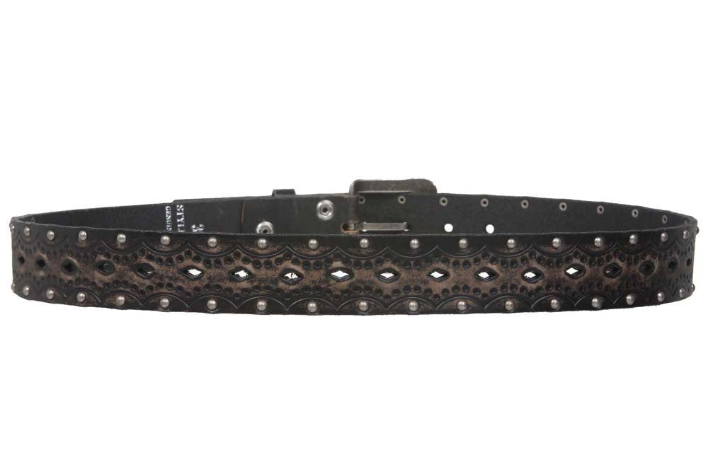 1 1/2" Snap on Perforated Studded Vintage Embossed Solid Leather Jean Belt - OnlineBelts