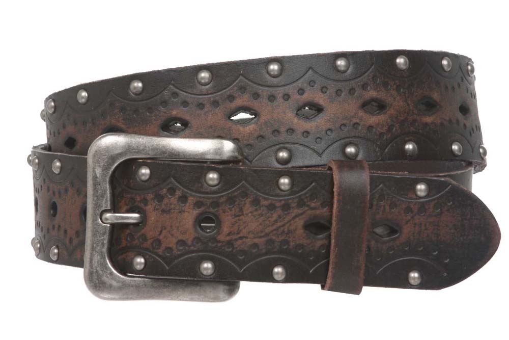 1 1/2" Snap on Perforated Studded Vintage Embossed Solid Leather Jean Belt - OnlineBelts