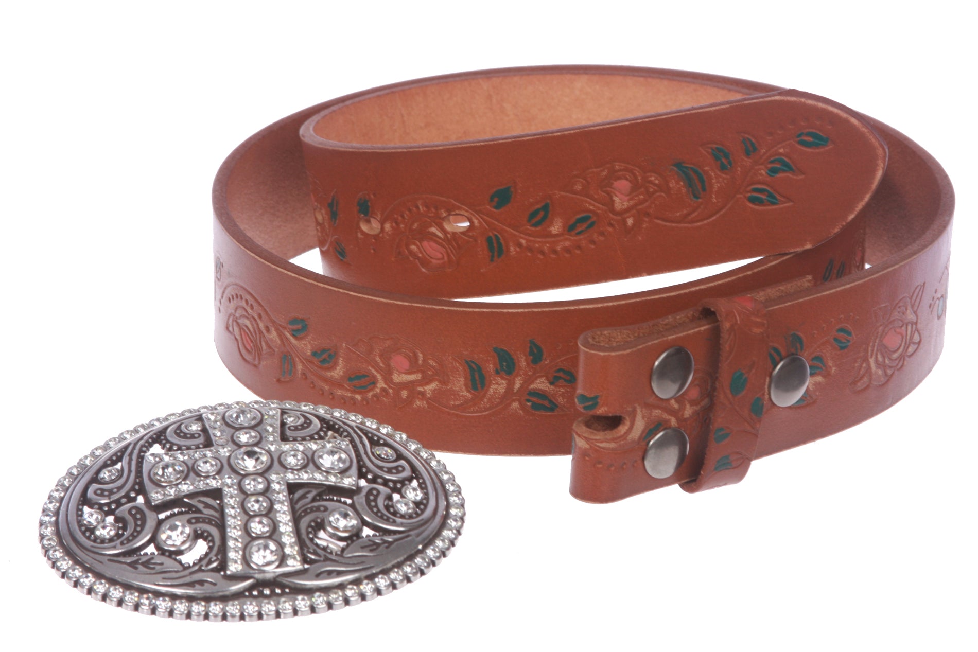 Snap On Floral Tree Embossed Full Grain Leather Rhinestone Cross Bling Belt - OnlineBelts