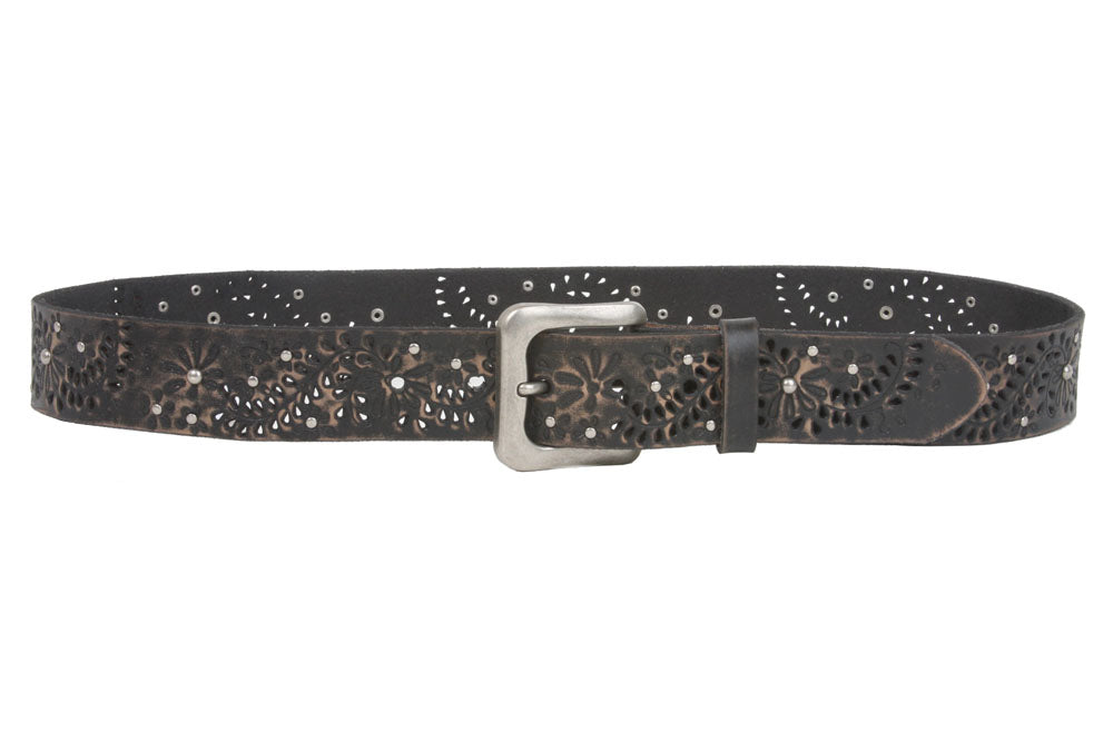 Snap On Vintage Cowhide Full Grain Leather Floral Rivet Perforated Casual Belt - OnlineBelts