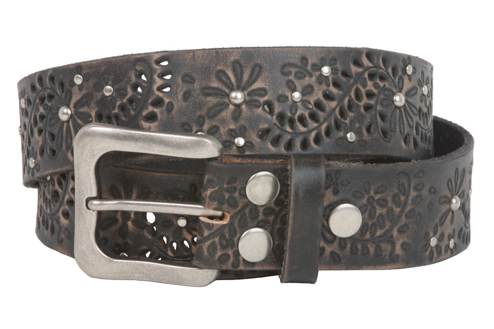 Snap On Vintage Cowhide Full Grain Leather Floral Rivet Perforated Casual Belt - OnlineBelts