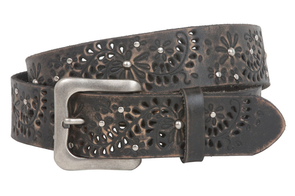 Snap On Vintage Cowhide Full Grain Leather Floral Rivet Perforated Casual Belt - OnlineBelts