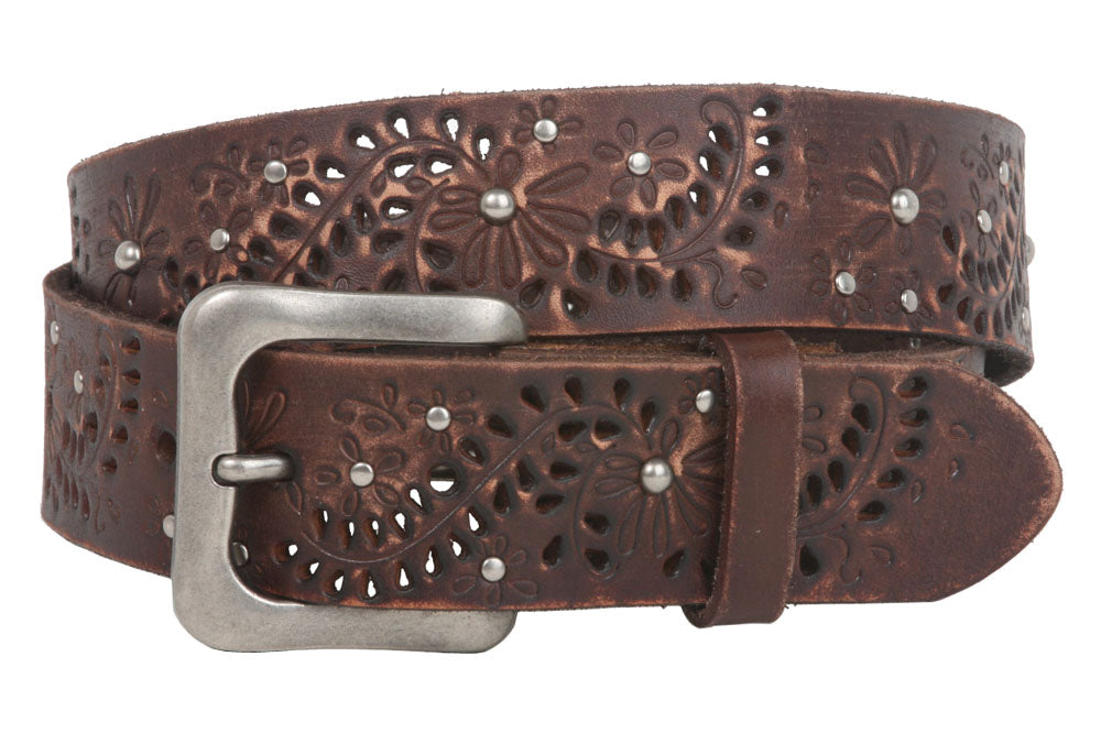Snap On Vintage Cowhide Full Grain Leather Floral Rivet Perforated Casual Belt - OnlineBelts