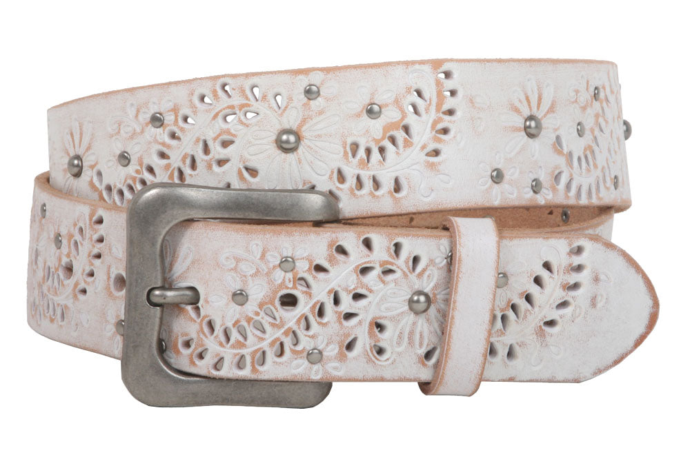 Snap On Vintage Cowhide Full Grain Leather Floral Rivet Perforated Casual Belt - OnlineBelts