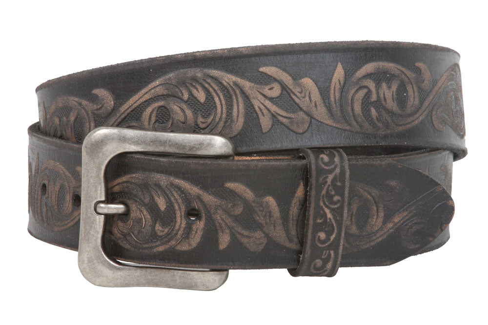 Snap On Soft Hand Floral Embossed Vintage Cowhide Full Grain Leather Casual Belt - OnlineBelts