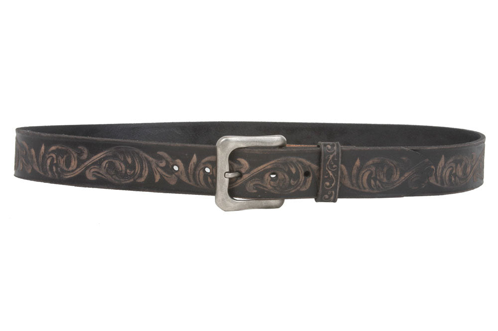 Snap On Soft Hand Floral Embossed Vintage Cowhide Full Grain Leather Casual Belt - OnlineBelts