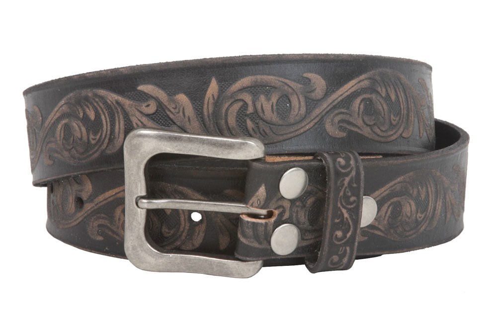 Snap On Soft Hand Floral Embossed Vintage Cowhide Full Grain Leather Casual Belt - OnlineBelts
