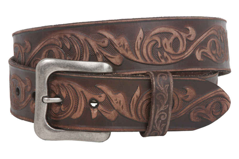 Snap On Soft Hand Floral Embossed Vintage Cowhide Full Grain Leather Casual Belt - OnlineBelts
