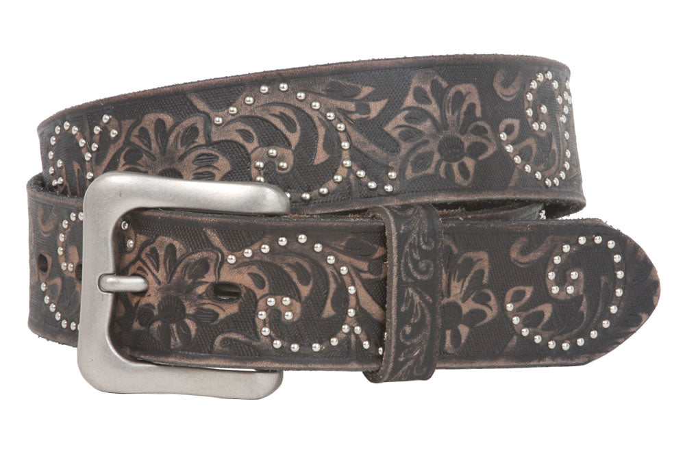Snap On 1 1/2" Soft Hand Vintage Cowhide Full Grain Leather Floral Embossed Rivet Studded Casual Belt - OnlineBelts
