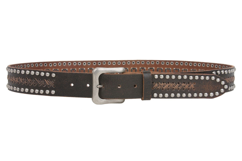 Snap On 1 1/2" Soft Hand Vintage Cowhide Full Grain Leather Rivet Studded Casual Belt - OnlineBelts