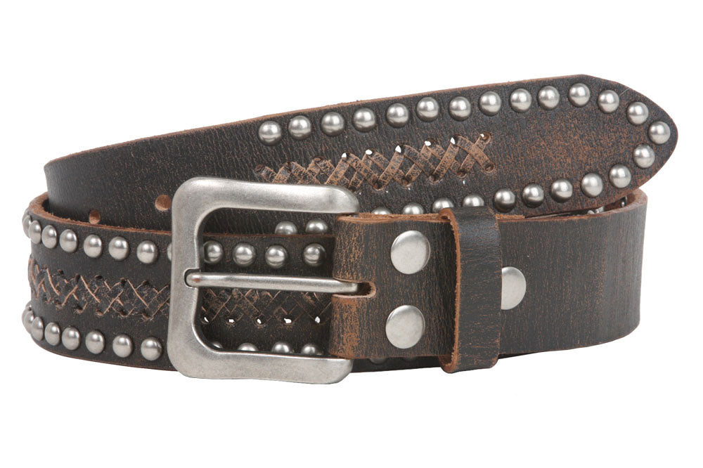 Snap On 1 1/2" Soft Hand Vintage Cowhide Full Grain Leather Rivet Studded Casual Belt - OnlineBelts