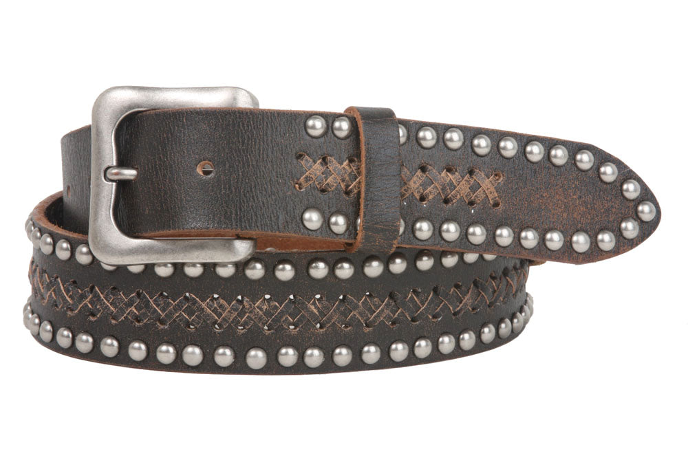 Snap On 1 1/2" Soft Hand Vintage Cowhide Full Grain Leather Rivet Studded Casual Belt - OnlineBelts