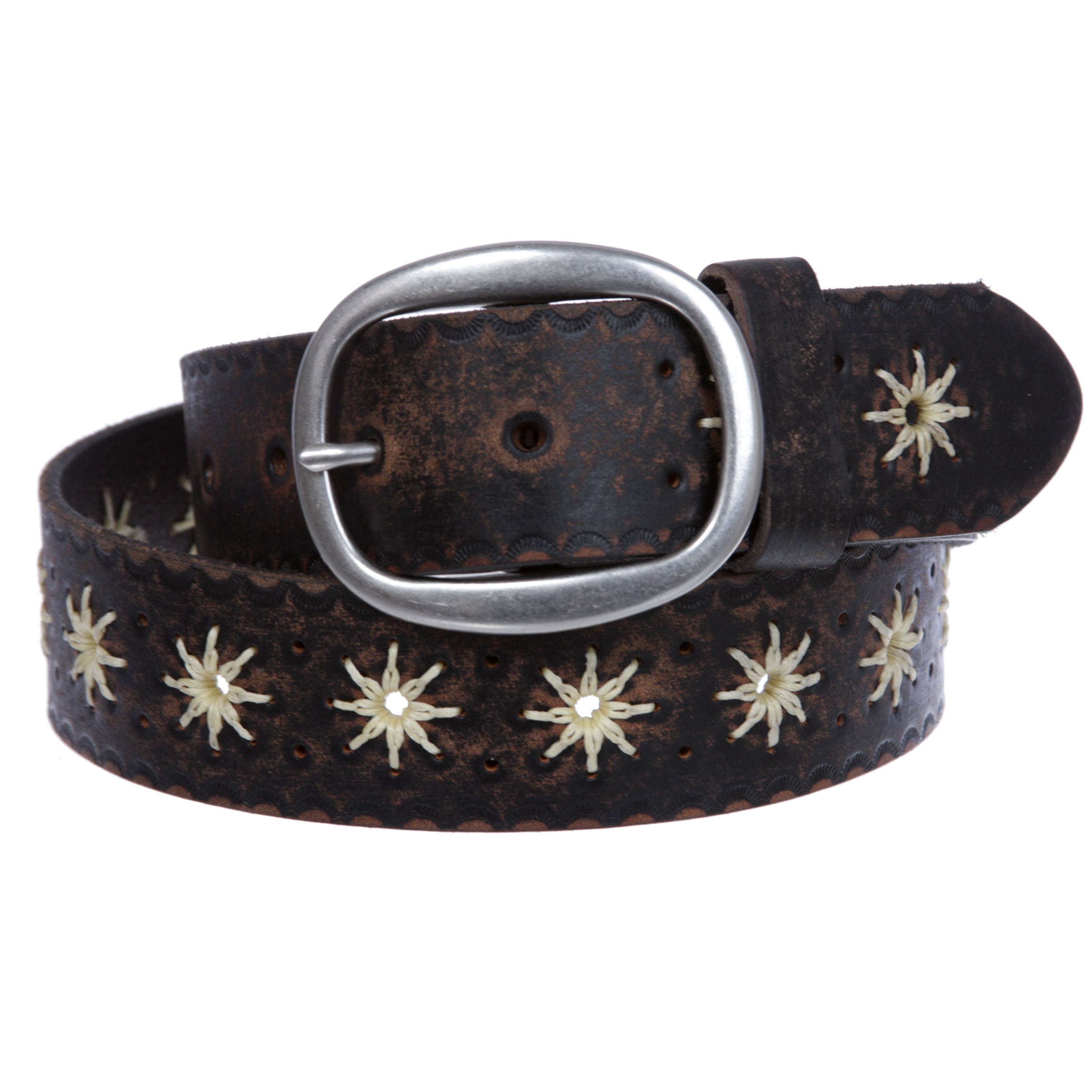 1 1/2" (38 mm) Snap on Flower Embossed Vintage Leather Oval Jean Belt - OnlineBelts