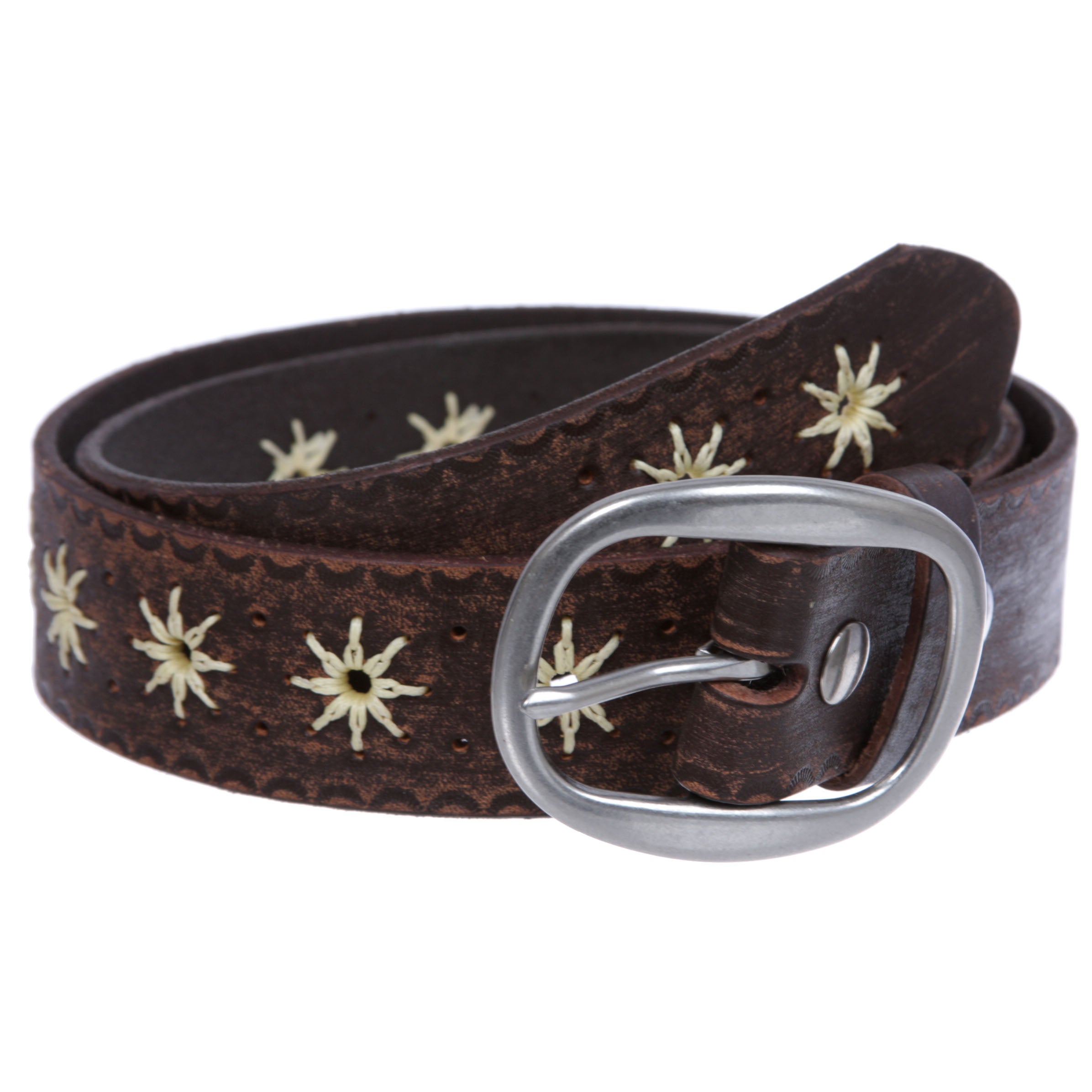 1 1/2" (38 mm) Snap on Flower Embossed Vintage Leather Oval Jean Belt - OnlineBelts