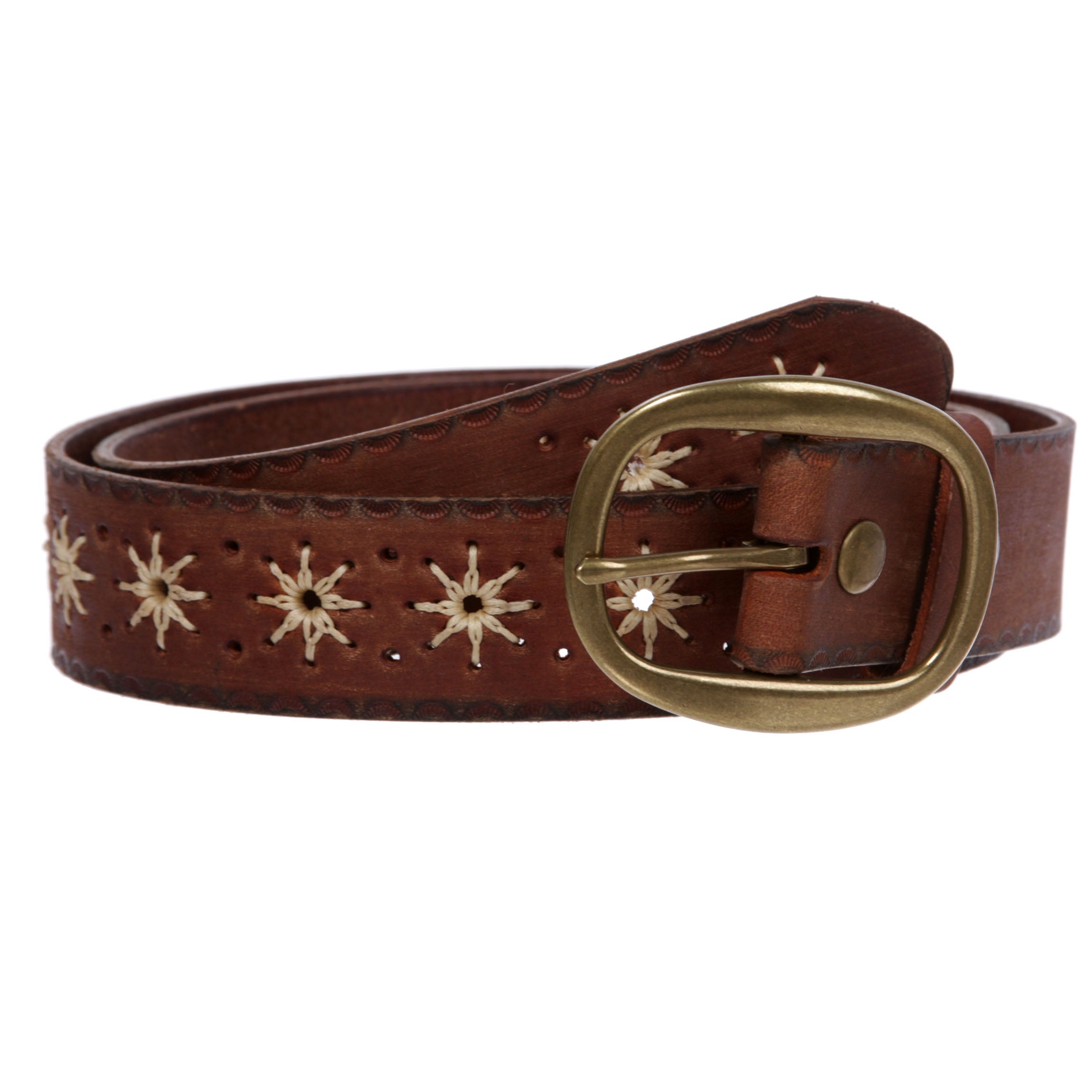 1 1/2" (38 mm) Snap on Flower Embossed Vintage Leather Oval Jean Belt - OnlineBelts