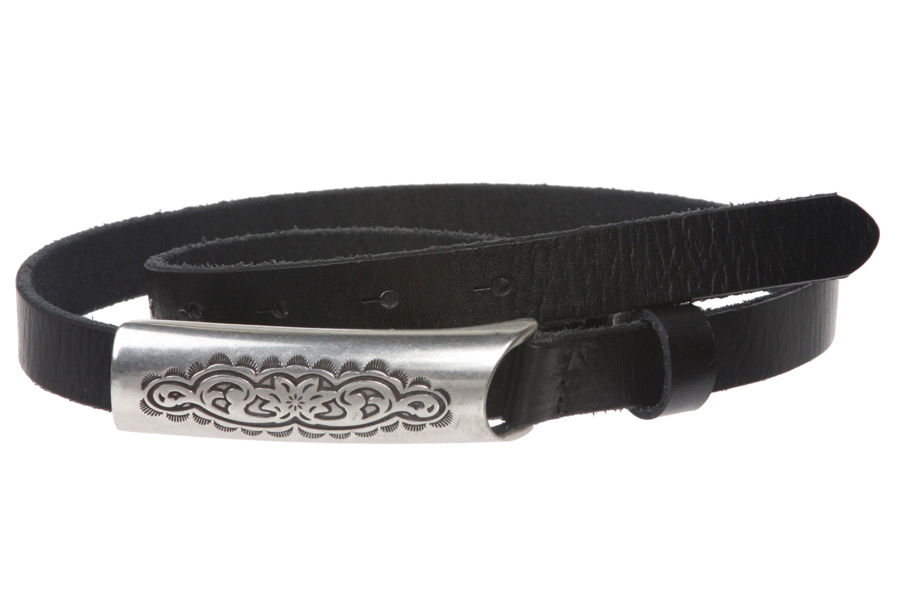 3/4" (19mm) Engraved Floral Rectangular Skinny Vintage Oil Tanned Solid Leather Casual Belt - OnlineBelts