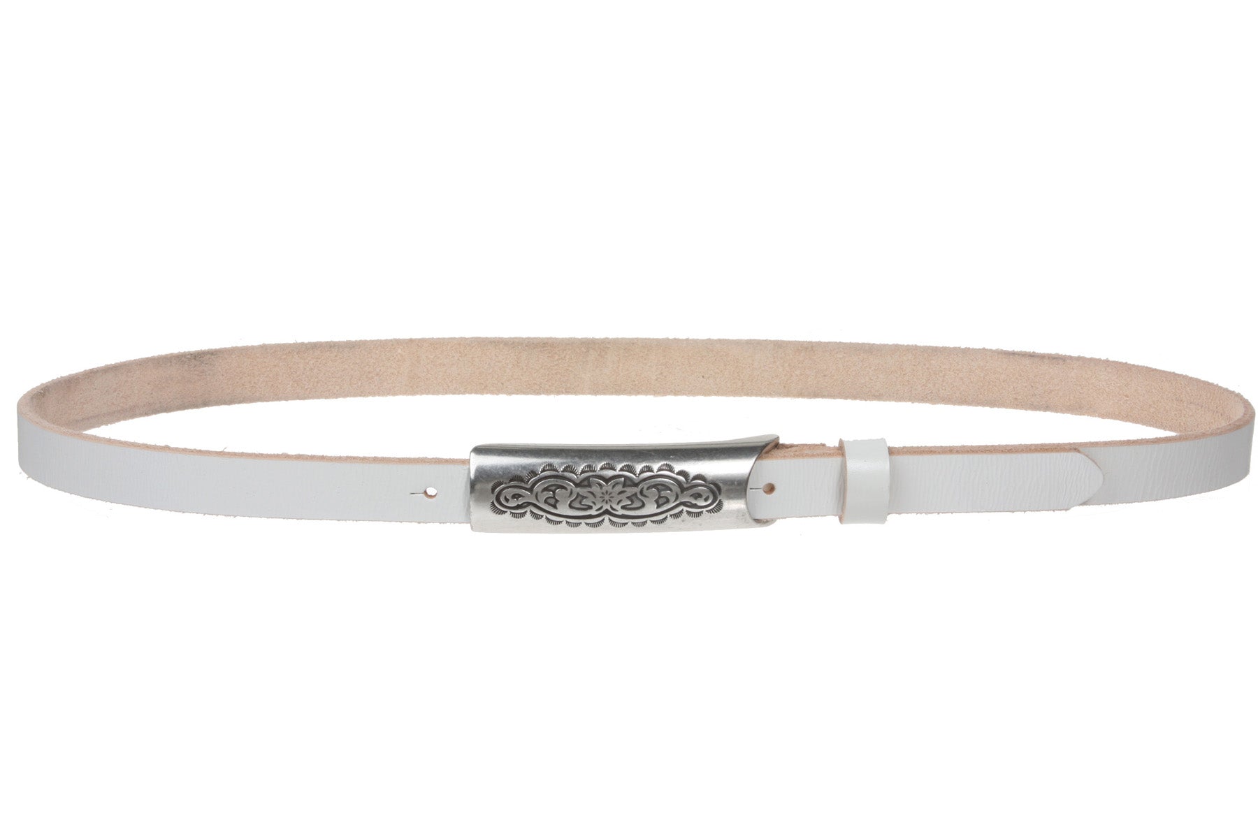 3/4" (19mm) Engraved Floral Rectangular Skinny Vintage Oil Tanned Solid Leather Casual Belt - OnlineBelts