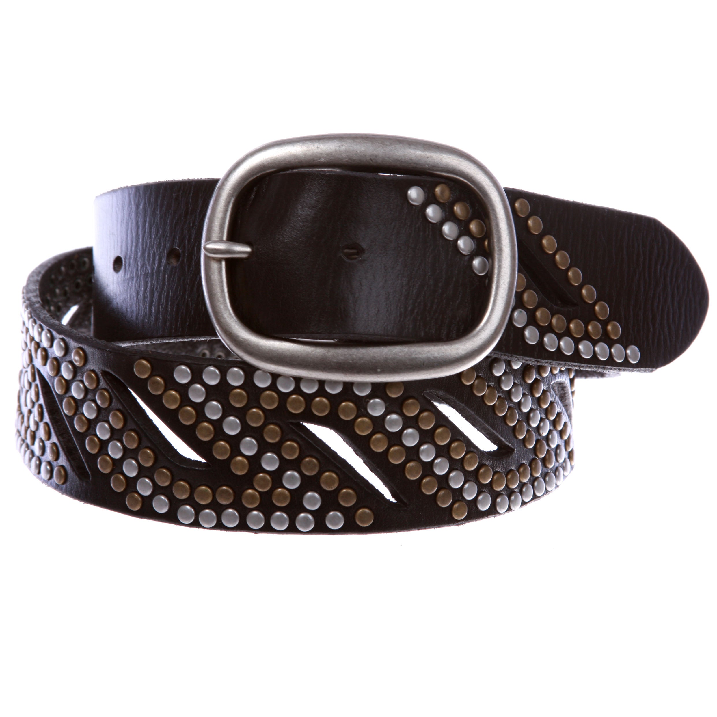 1 1/2" Oval Snap on Perforated Nailhead Studded Cowhide Solid Leather Belt - OnlineBelts