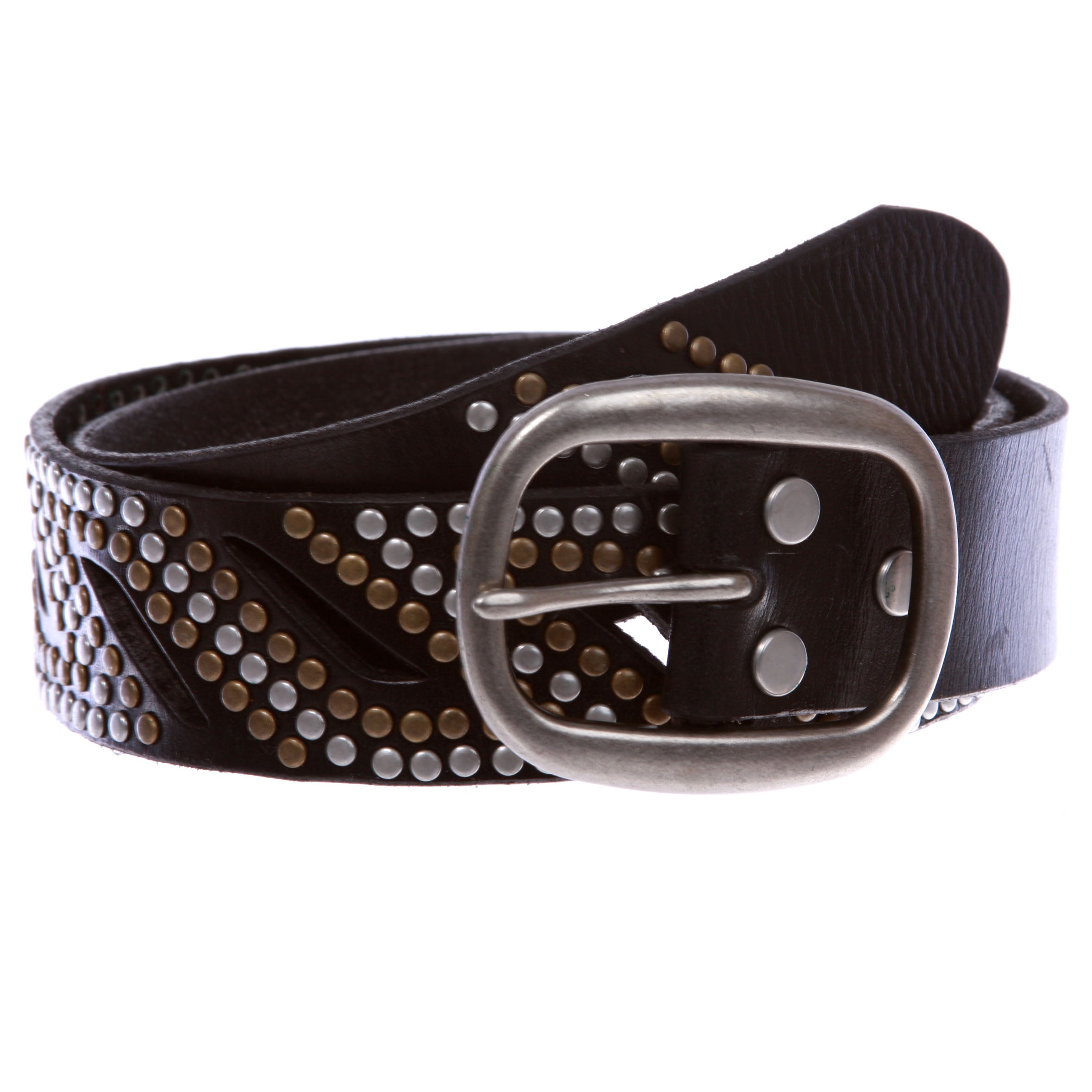 1 1/2" Oval Snap on Perforated Nailhead Studded Cowhide Solid Leather Belt - OnlineBelts