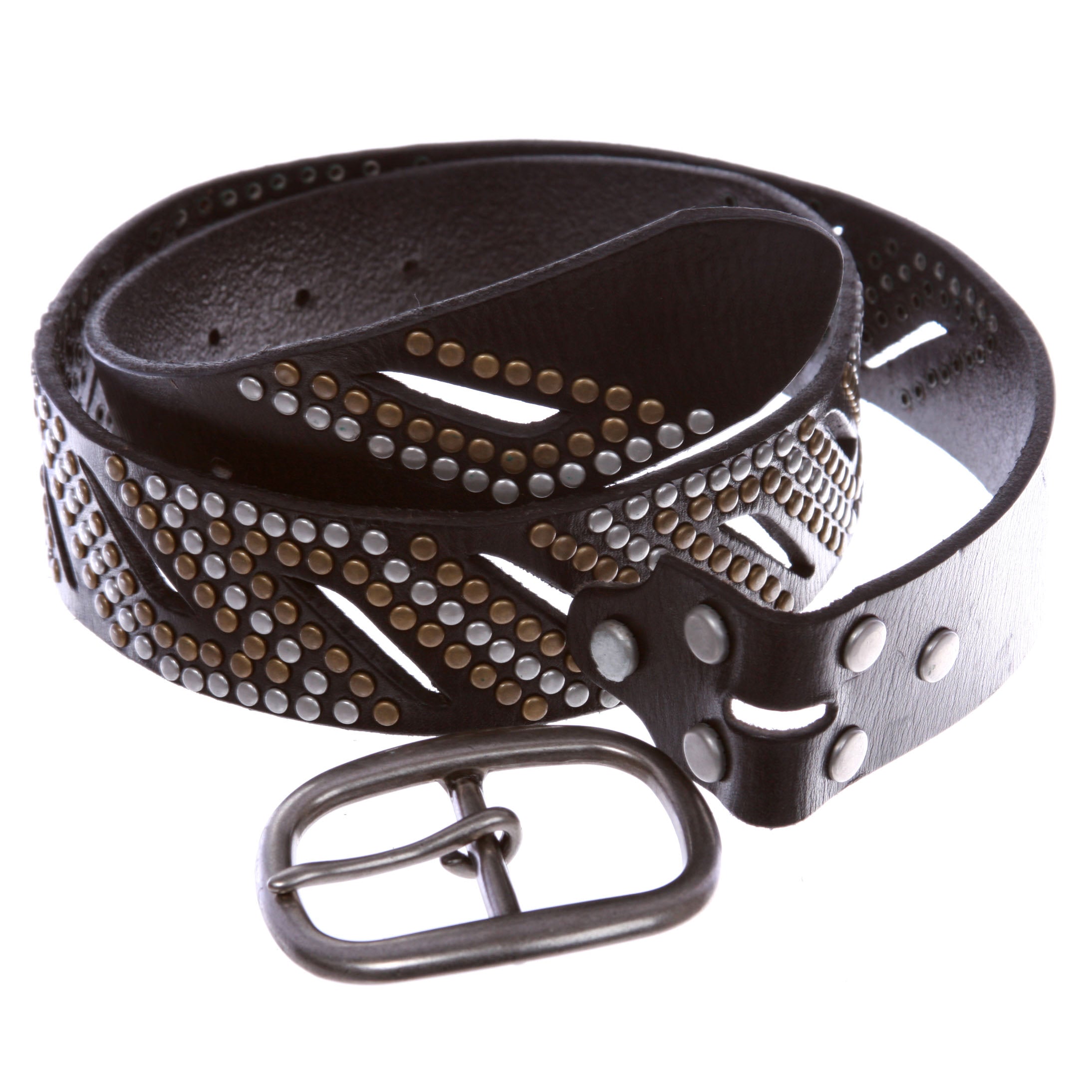 1 1/2" Oval Snap on Perforated Nailhead Studded Cowhide Solid Leather Belt - OnlineBelts