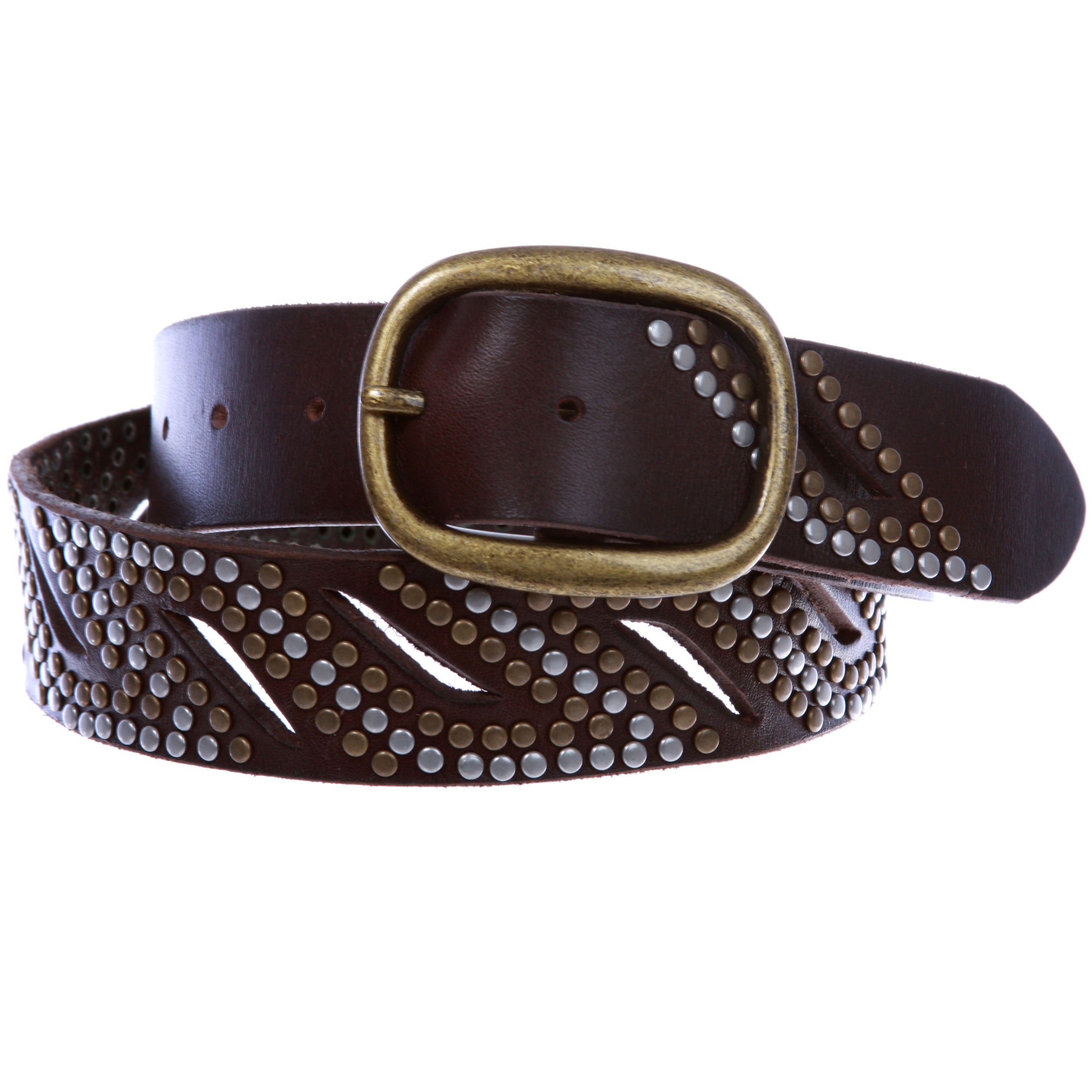 1 1/2" Oval Snap on Perforated Nailhead Studded Cowhide Solid Leather Belt - OnlineBelts