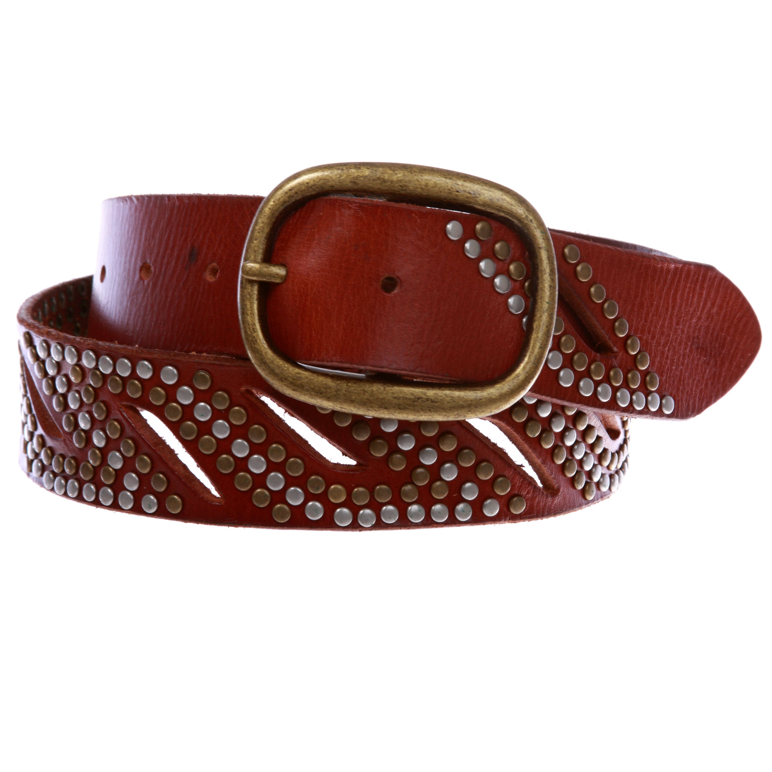 1 1/2" Oval Snap on Perforated Nailhead Studded Cowhide Solid Leather Belt - OnlineBelts