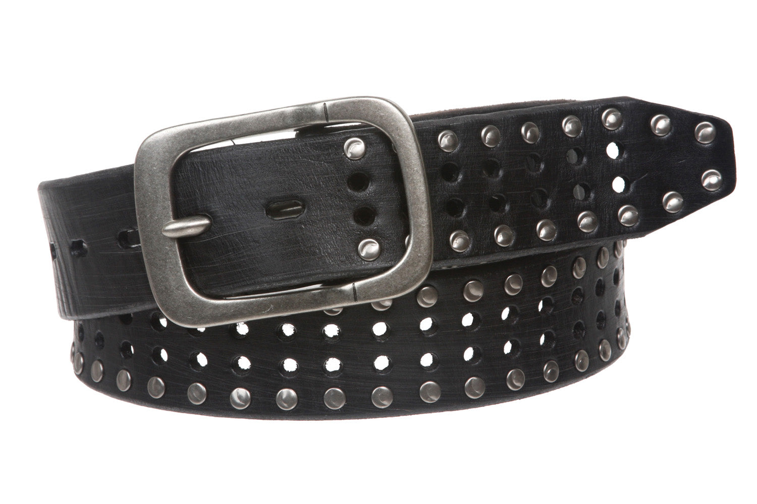 1 1/2" (38 mm) Snap on Vintage Cowhide Metal Circle Studded Leather Belt - OnlineBelts