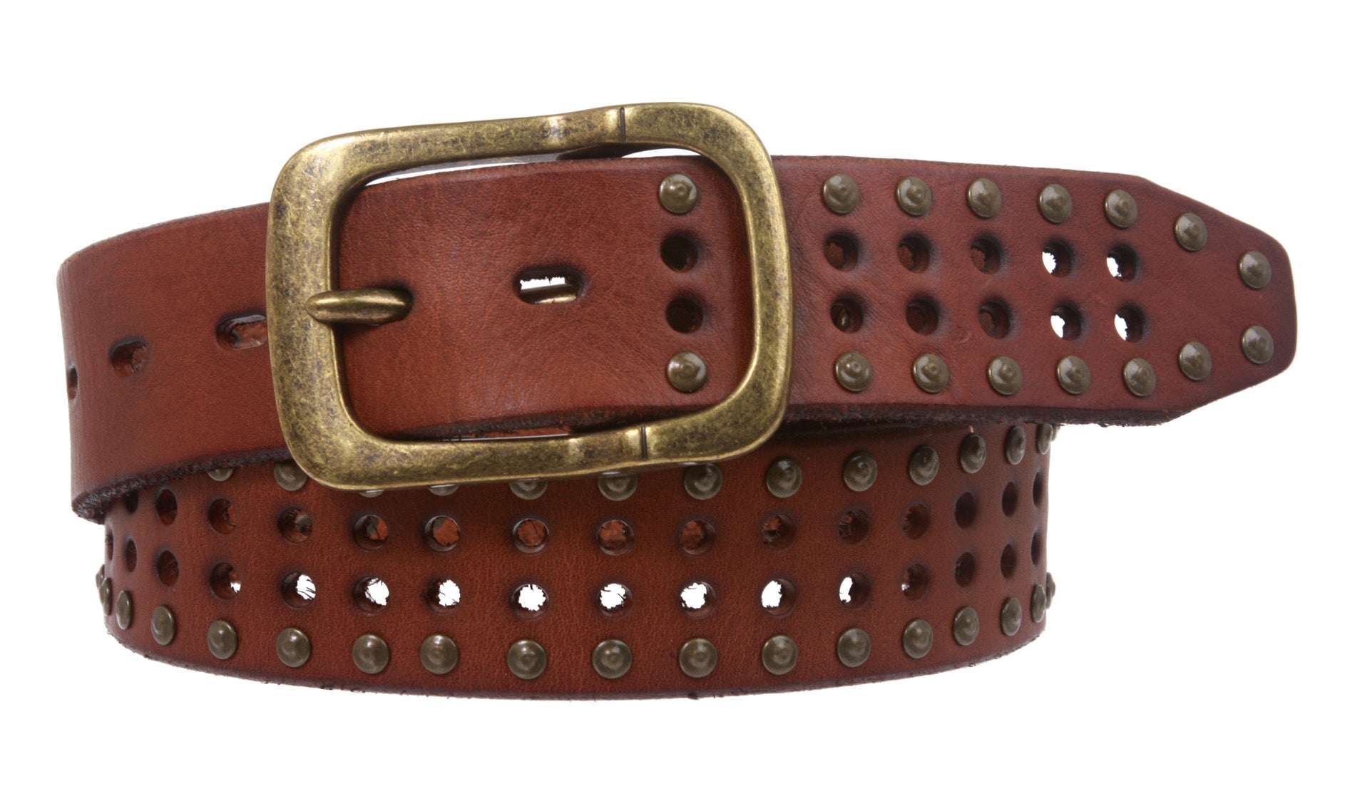 1 1/2" (38 mm) Snap on Vintage Cowhide Metal Circle Studded Leather Belt - OnlineBelts