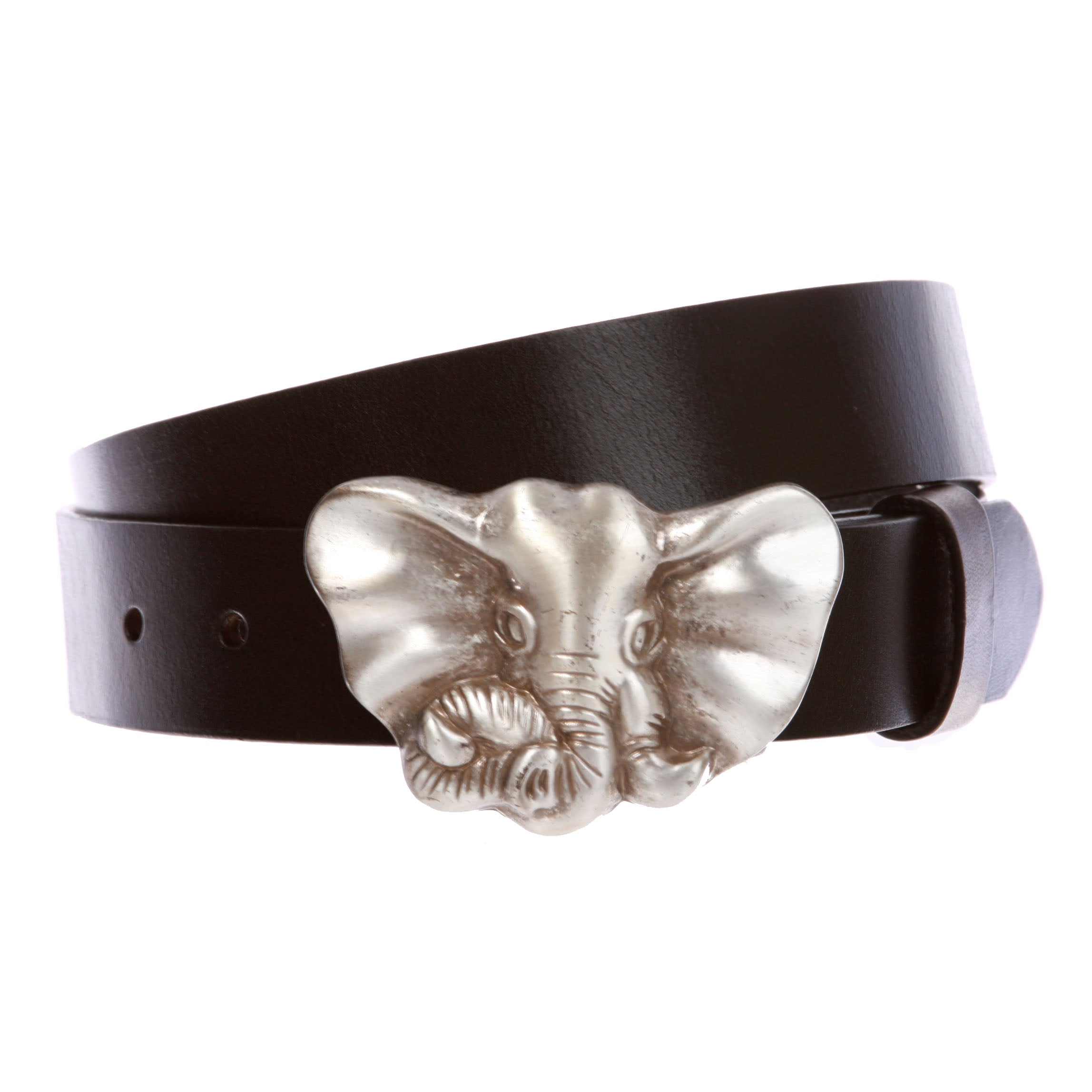 1 1/4" Snap On Engraved Elephant Buckle Black Cow High Full Top Grain Leather Plain Belt - OnlineBelts