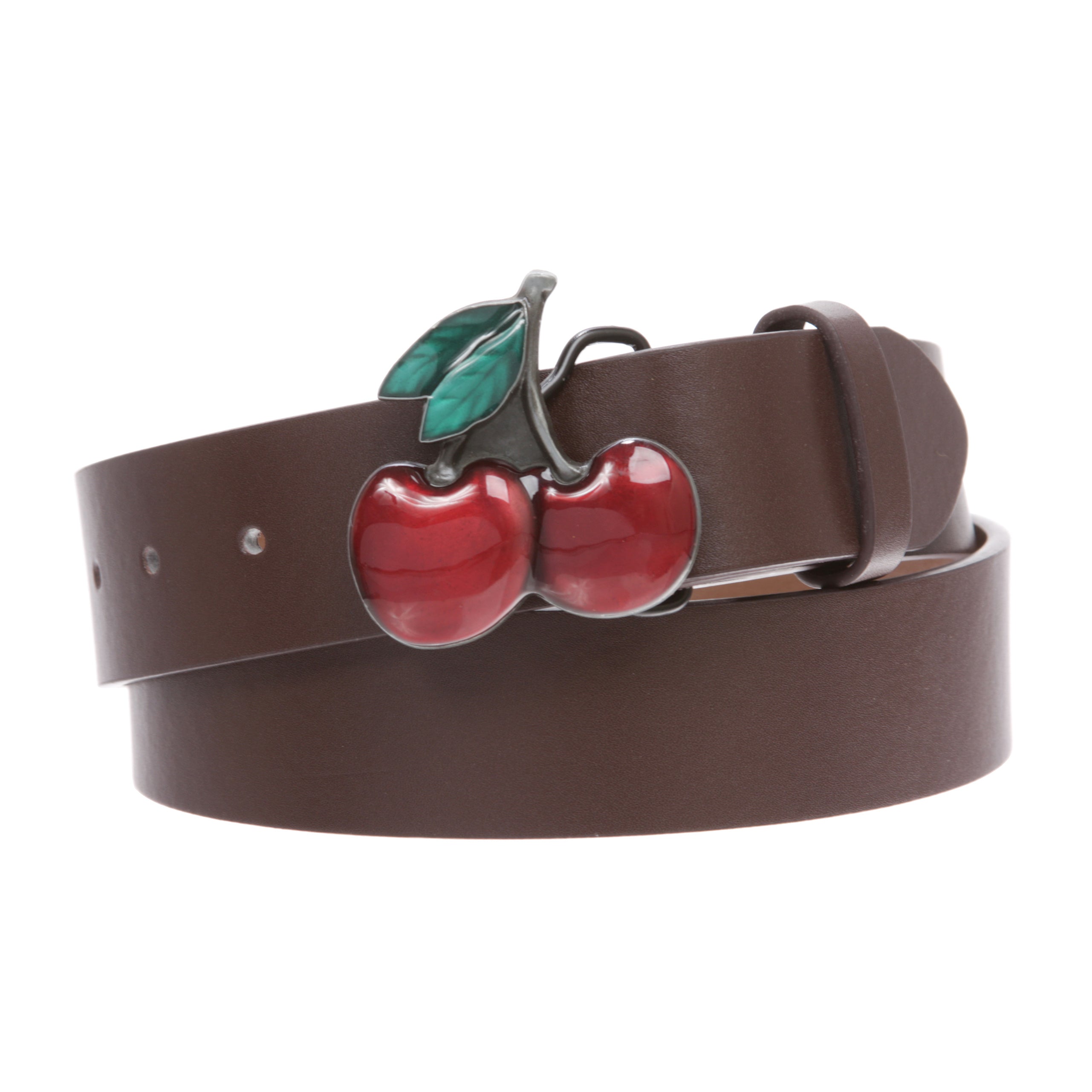 Women's Casual Jean Belt with Enameled Red Cherry Fruit Western Buckle - OnlineBelts