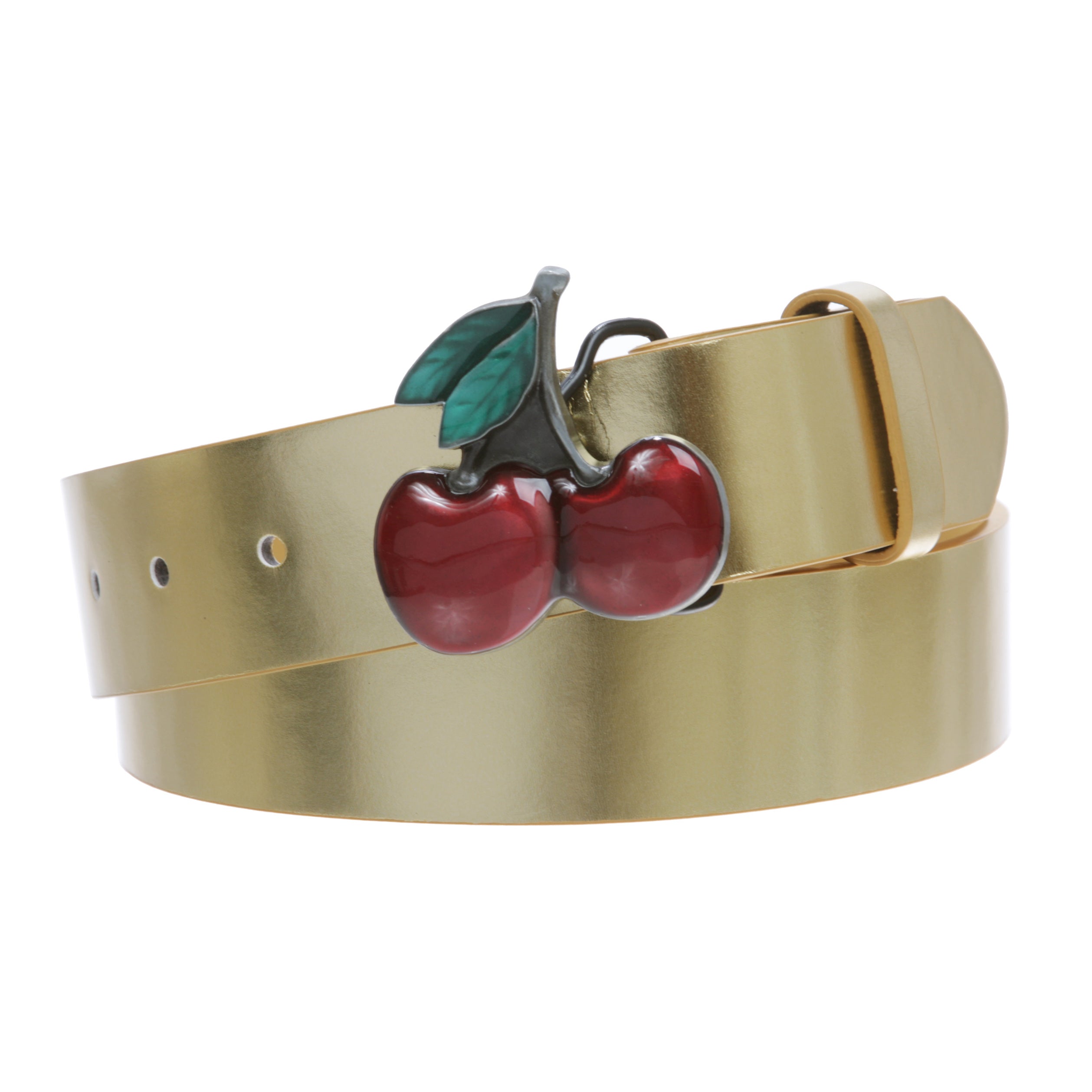 Women's Casual Jean Belt with Enameled Red Cherry Fruit Western Buckle - OnlineBelts