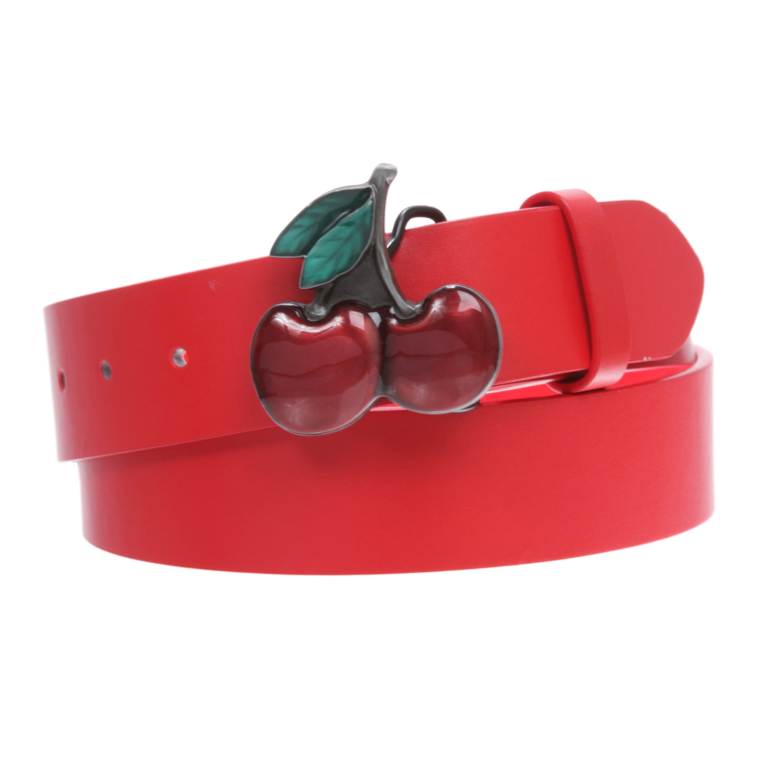 Women's Casual Jean Belt with Enameled Red Cherry Fruit Western Buckle - OnlineBelts