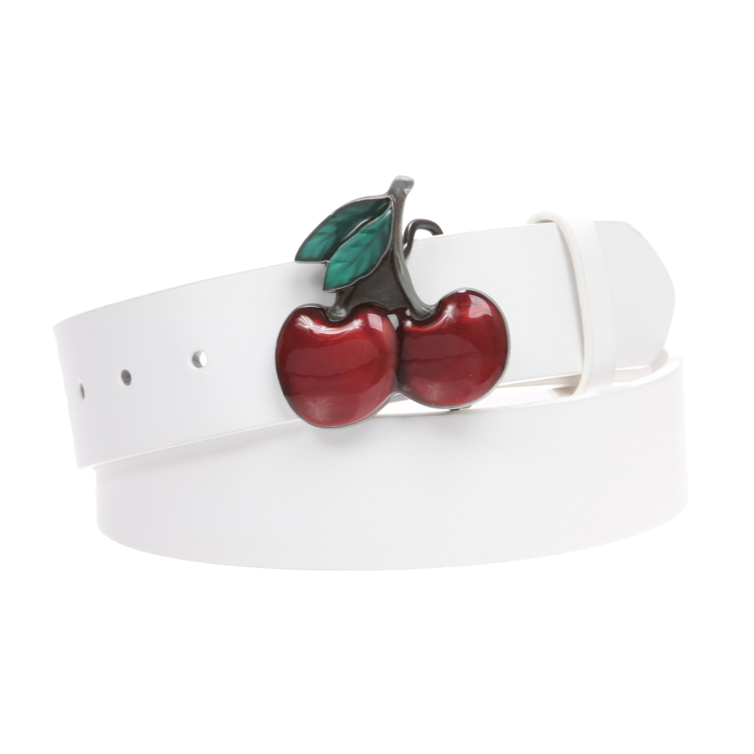 Women's Casual Jean Belt with Enameled Red Cherry Fruit Western Buckle - OnlineBelts