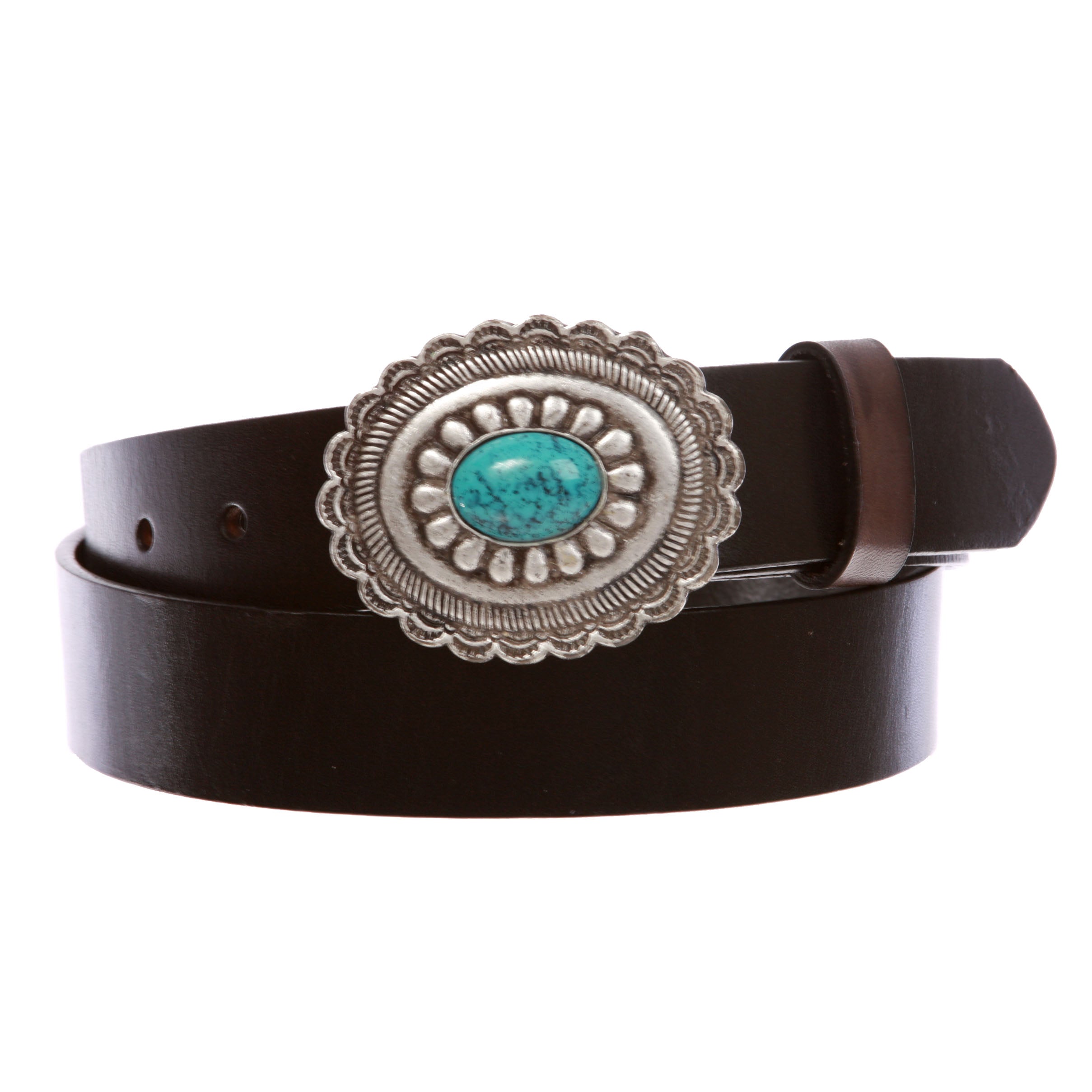 1 1/4" Snap On Western Engraving Distinctive Oval Turquoise Stone handmade Buckle With Cow High Full Top Grain Leather Plain Belt - OnlineBelts