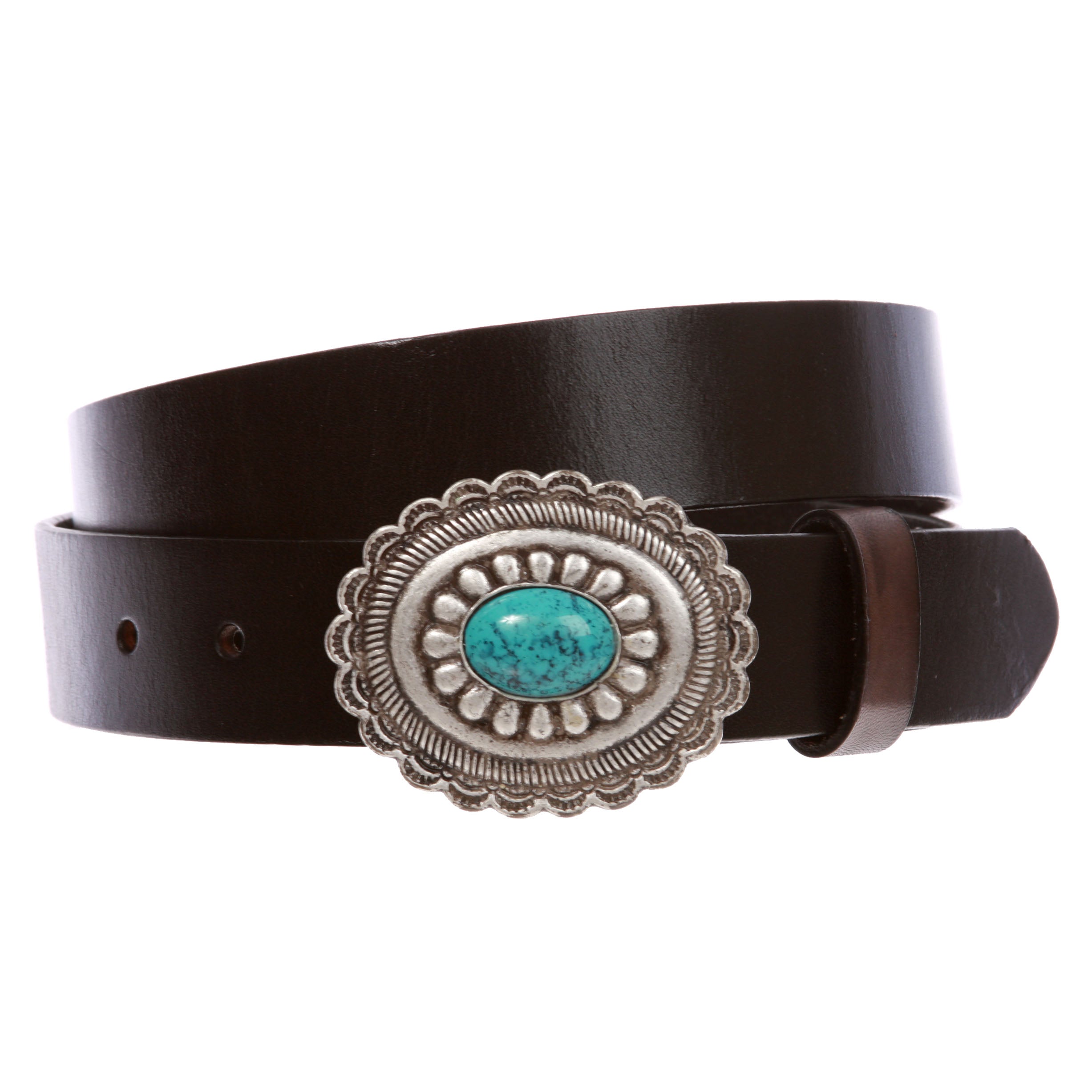 1 1/4" Snap On Western Engraving Distinctive Oval Turquoise Stone handmade Buckle With Cow High Full Top Grain Leather Plain Belt - OnlineBelts