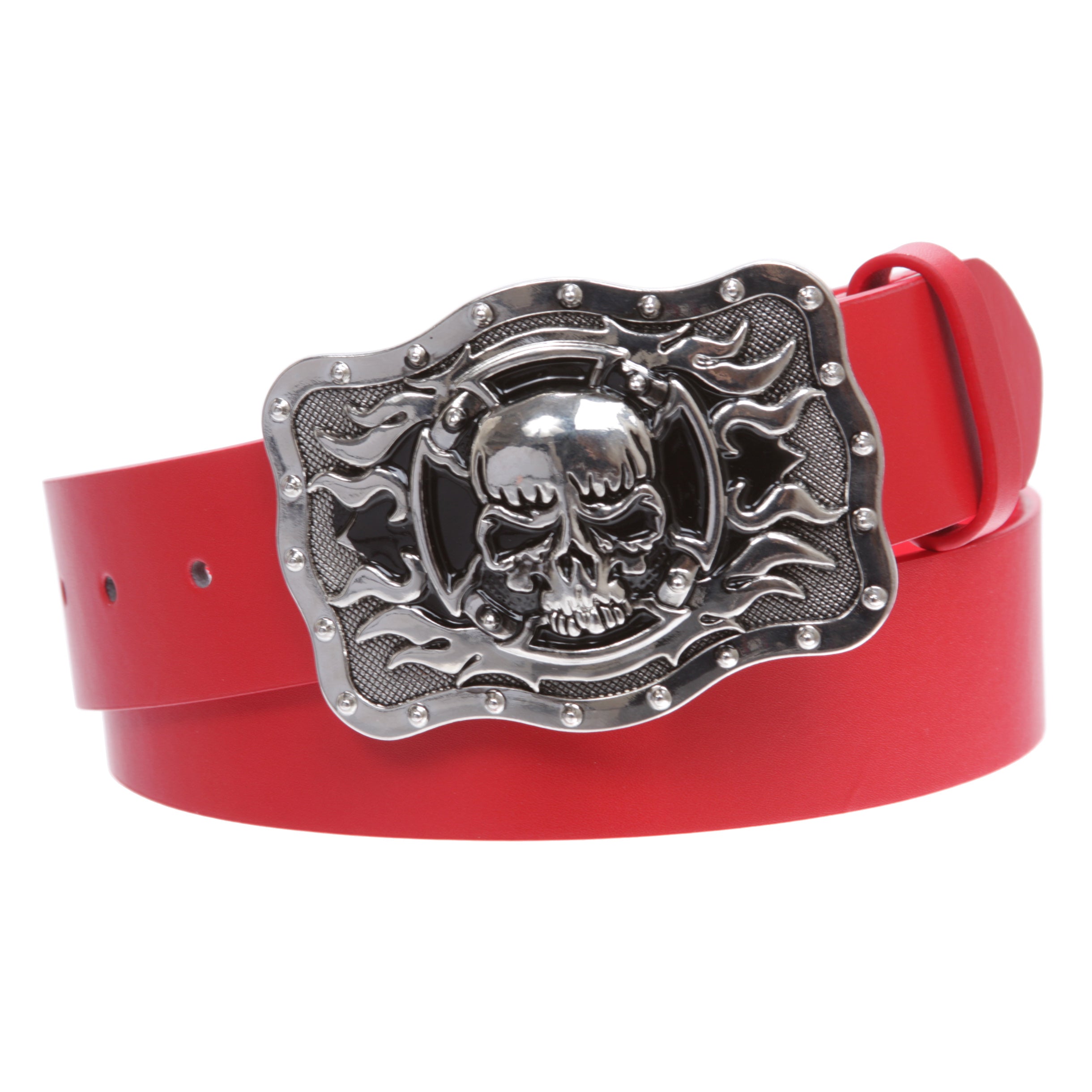 1 1/2" Snap On Western Rectangular Skull Flame Cross Buckle With Plain Belt - OnlineBelts