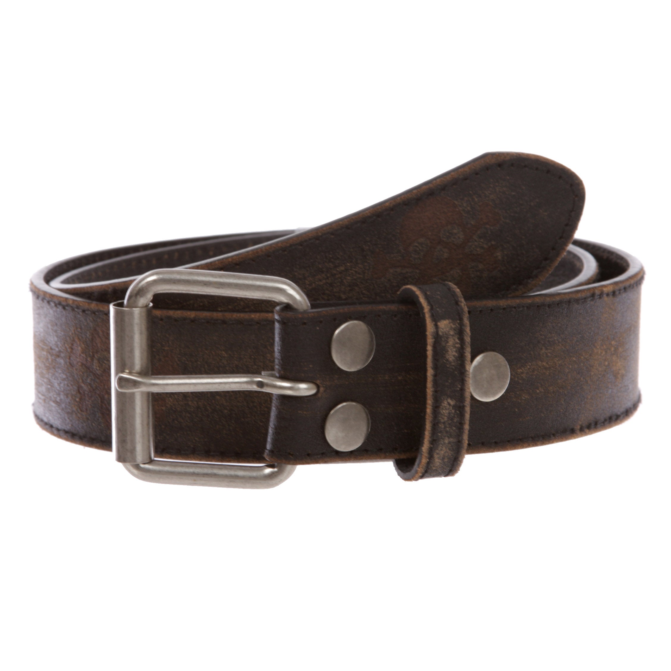 Snap On Vintage Stitching Distressed Embossed Skull Cross Bones Leather Belt - OnlineBelts