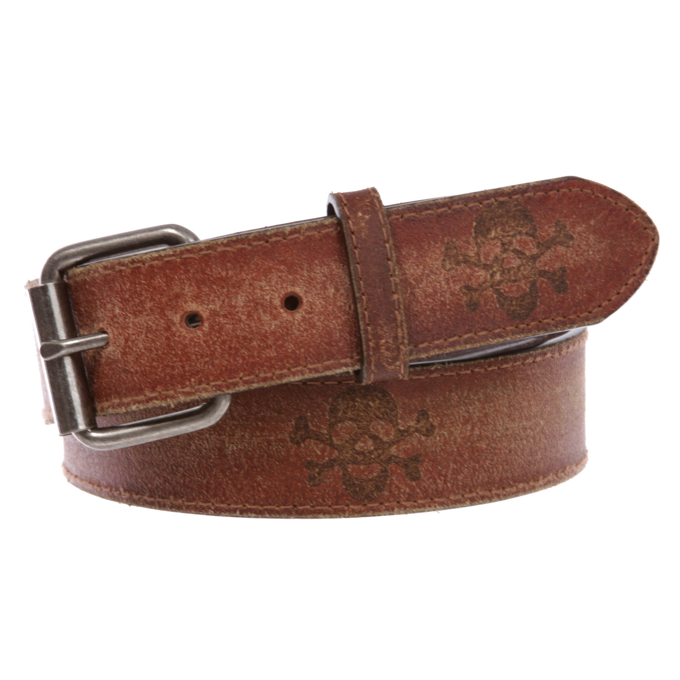Snap On Vintage Stitching Distressed Embossed Skull Cross Bones Leather Belt - OnlineBelts