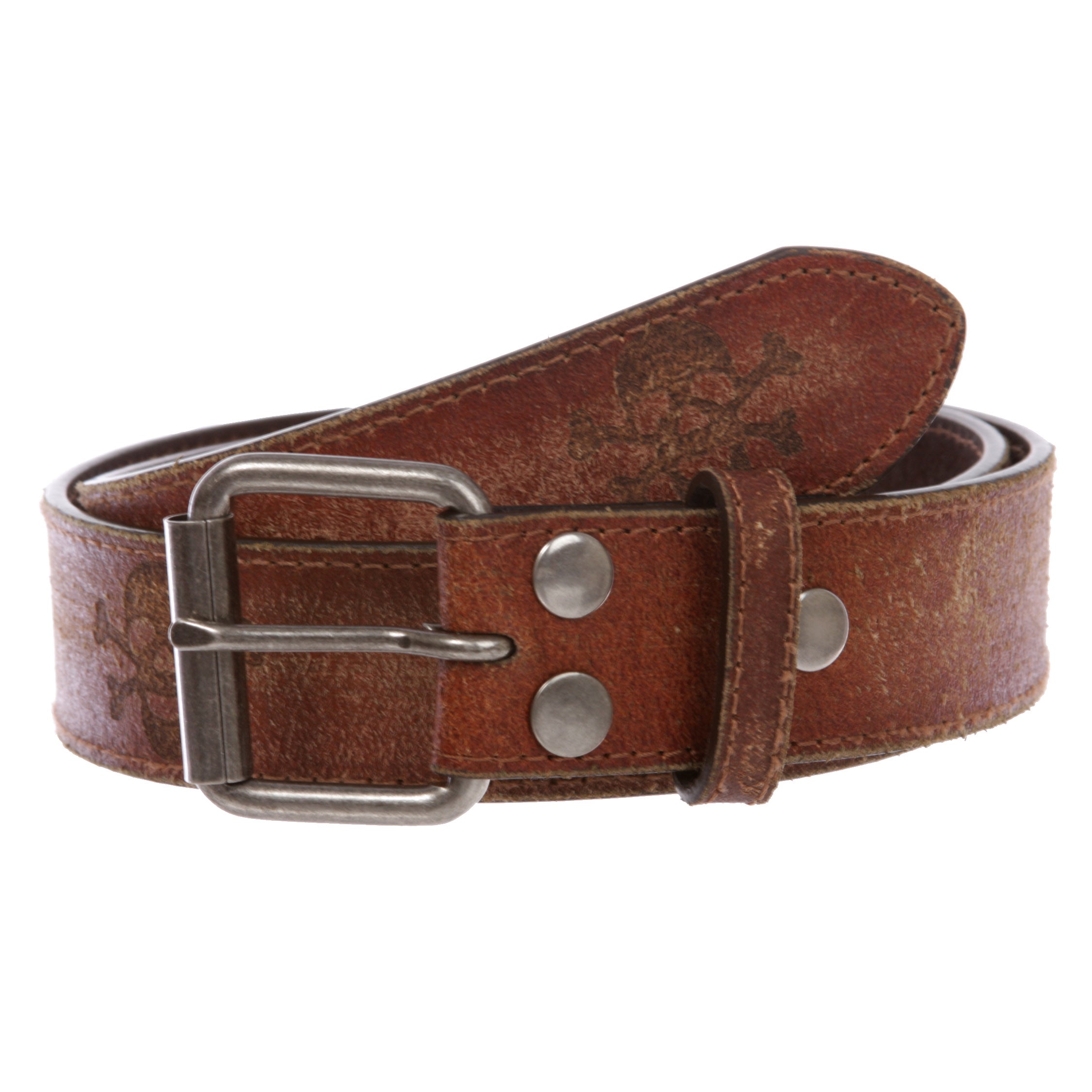 Snap On Vintage Stitching Distressed Embossed Skull Cross Bones Leather Belt - OnlineBelts