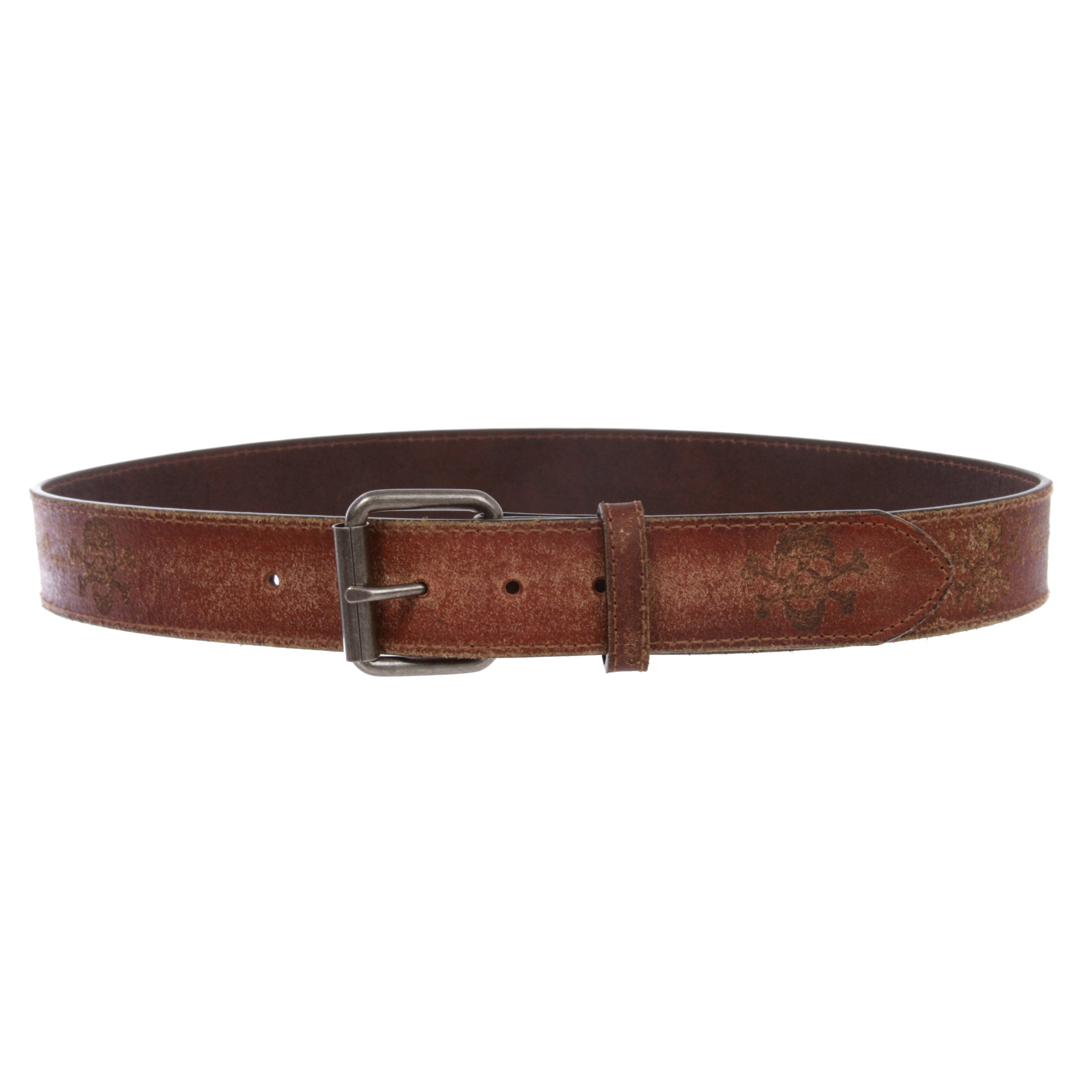 Snap On Vintage Stitching Distressed Embossed Skull Cross Bones Leather Belt - OnlineBelts