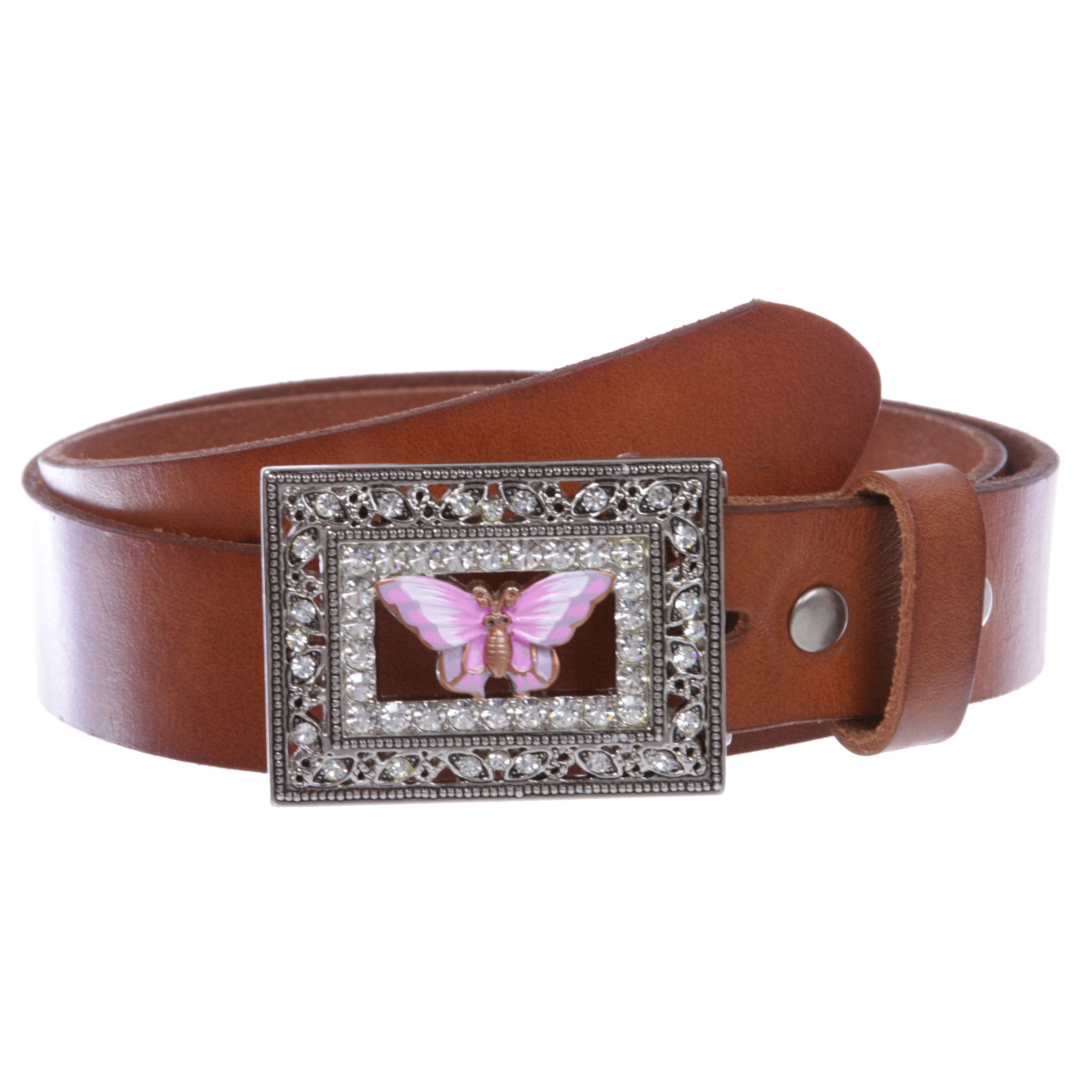 1 1/4" Snap On Rectangular Rhinestone Western Engraving Hollow Out Perforated Butterfly Cow High Full Top Grain Leather Belt - OnlineBelts