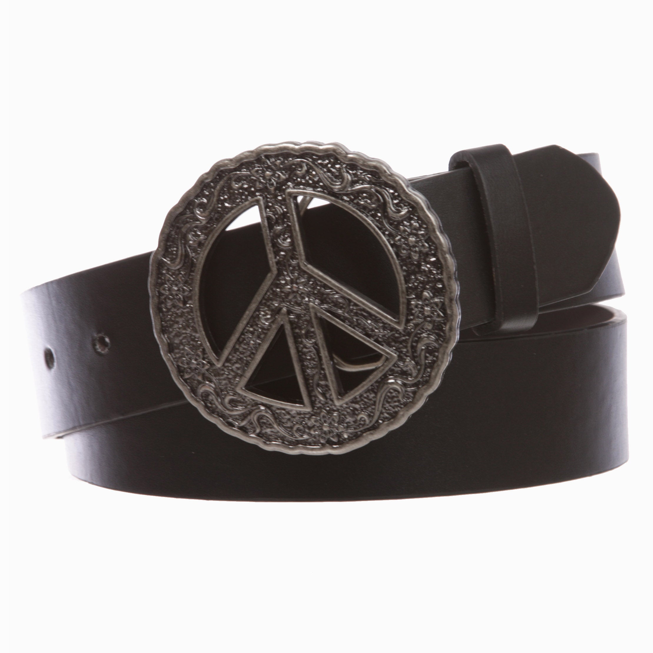 1 1/2" Snap On Belt With Round Perforated Floral Engraving Peace Sign Belt Buckle - OnlineBelts