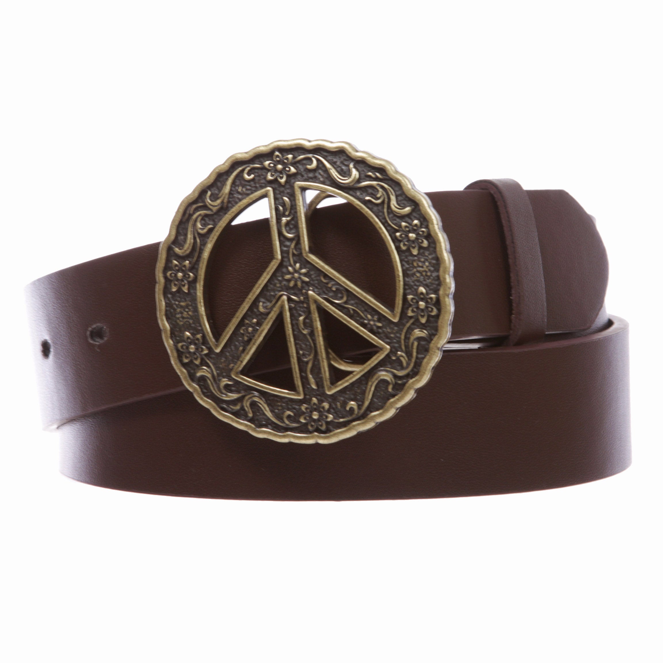 1 1/2" Snap On Belt With Round Perforated Floral Engraving Peace Sign Belt Buckle - OnlineBelts