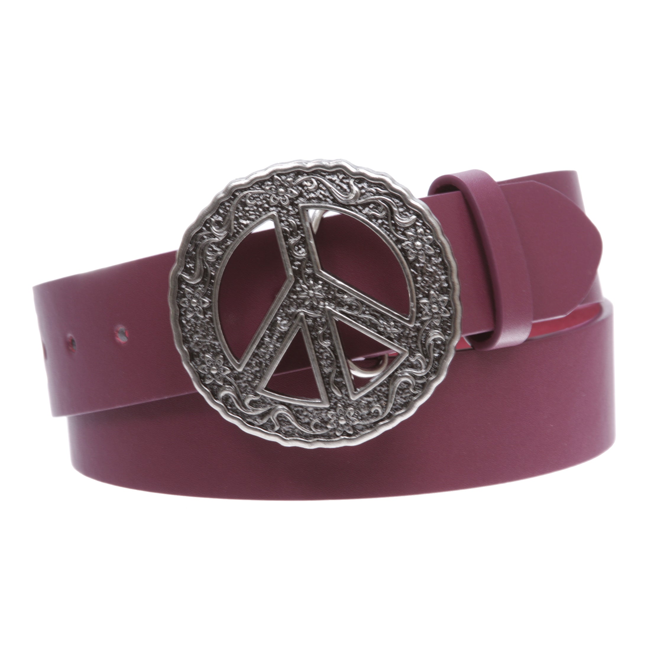 1 1/2" Snap On Belt With Round Perforated Floral Engraving Peace Sign Belt Buckle - OnlineBelts