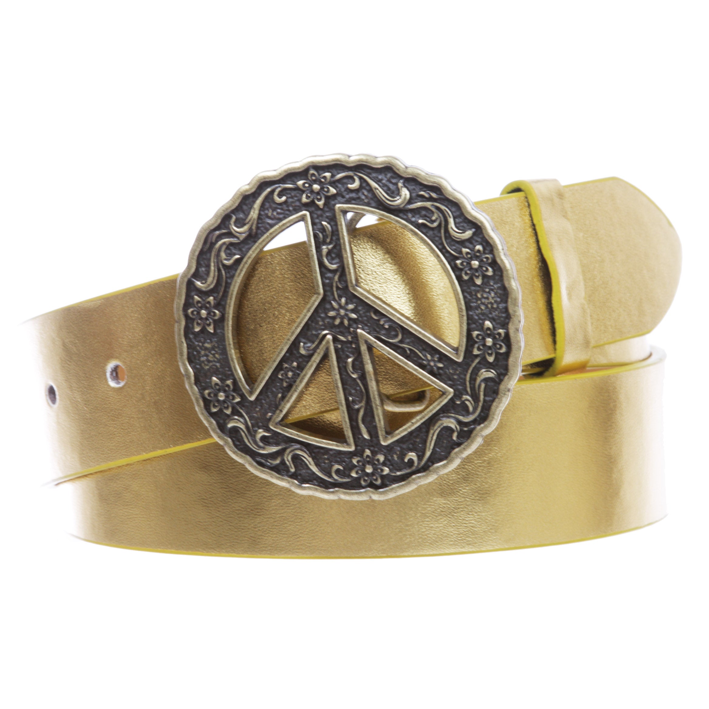 1 1/2" Snap On Belt With Round Perforated Floral Engraving Peace Sign Belt Buckle - OnlineBelts