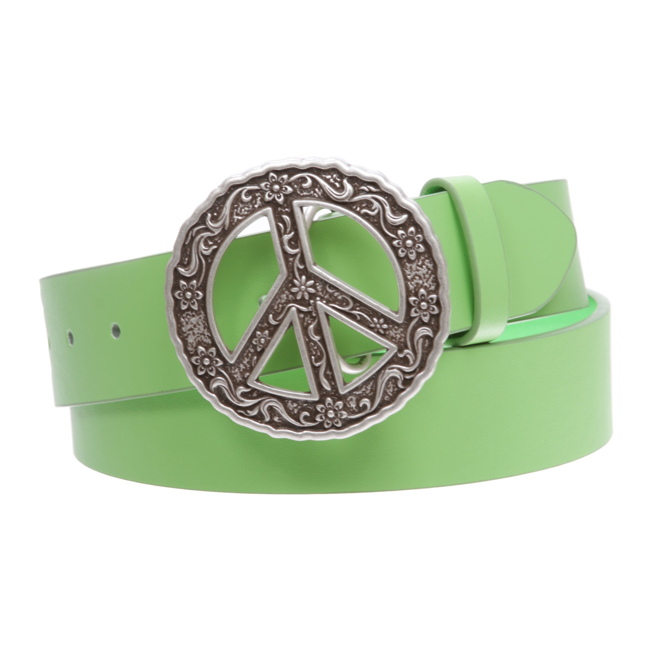 1 1/2" Snap On Belt With Round Perforated Floral Engraving Peace Sign Belt Buckle - OnlineBelts