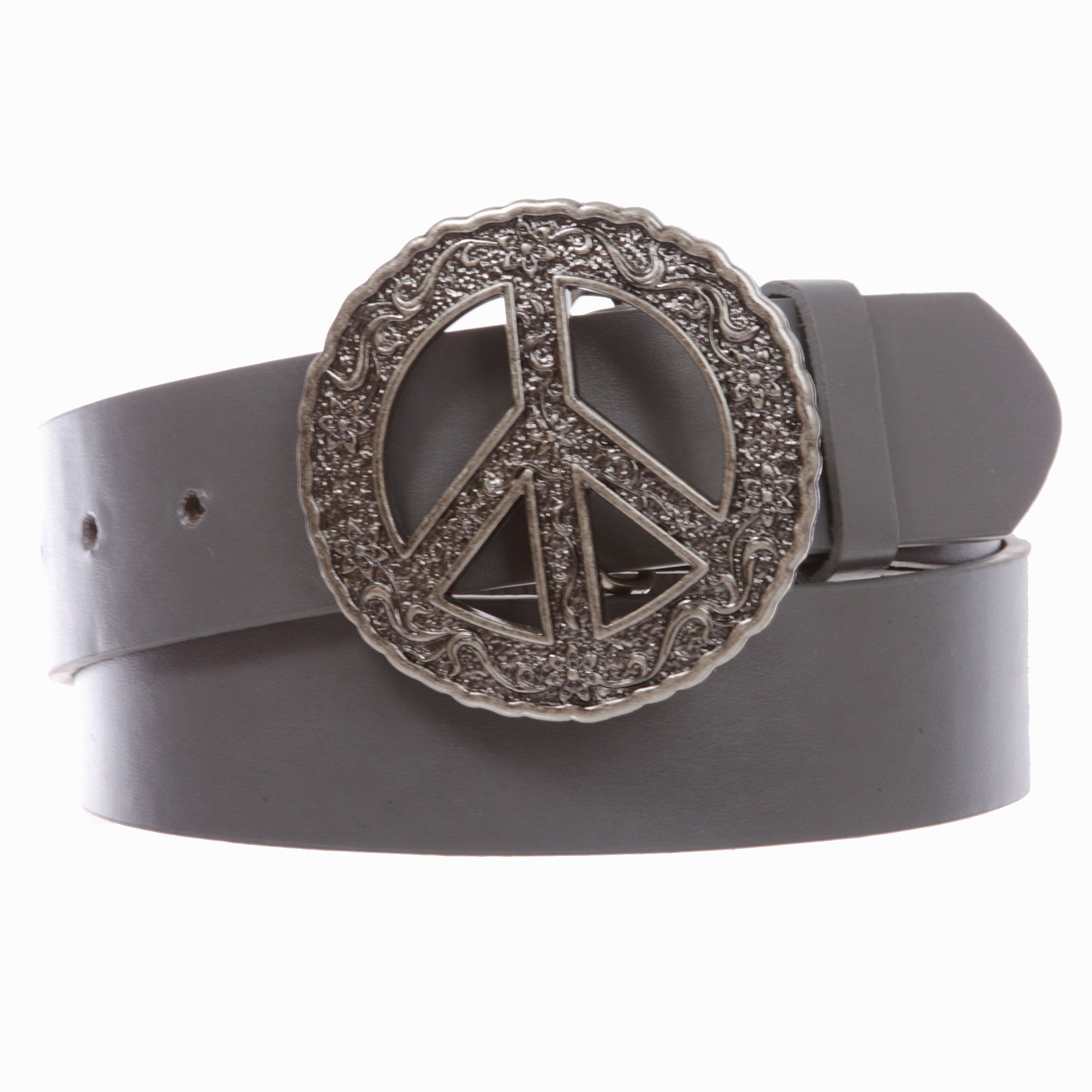 1 1/2" Snap On Belt With Round Perforated Floral Engraving Peace Sign Belt Buckle - OnlineBelts